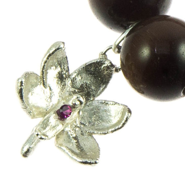 Dark Brown Glass Bead and Silver Orchid (Ruby) Bracelet