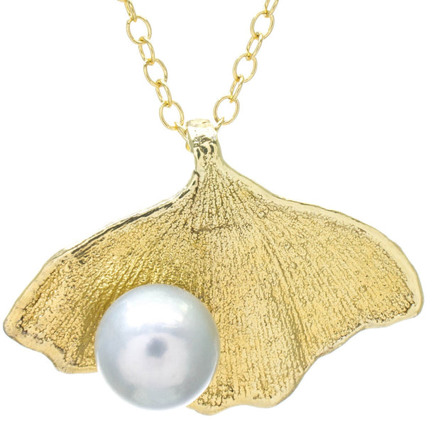 Miniature Gold Gingko Leaf Pendant with Pearl