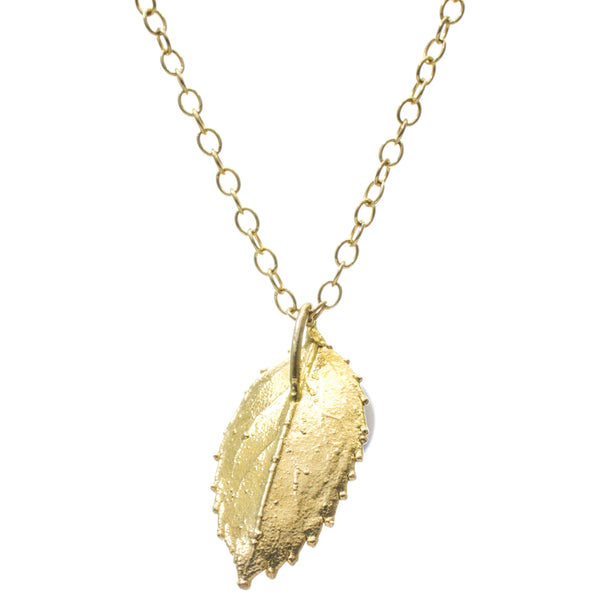 Miniature Gold Rose Leaf Pendant with Pearl