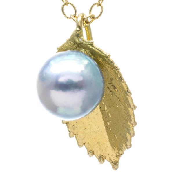 Miniature Gold Rose Leaf Pendant with Pearl