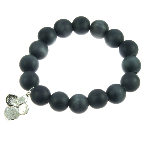 Matt Black Glass Bead and Silver Hydrangea Bracelet